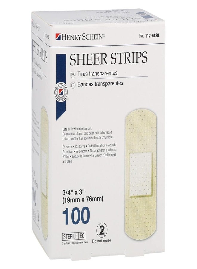 Henry Schein Adhesive Sheer Bandage Strips, 3/4" x 3", Sterile, Box of 100 Bandages - Image 1